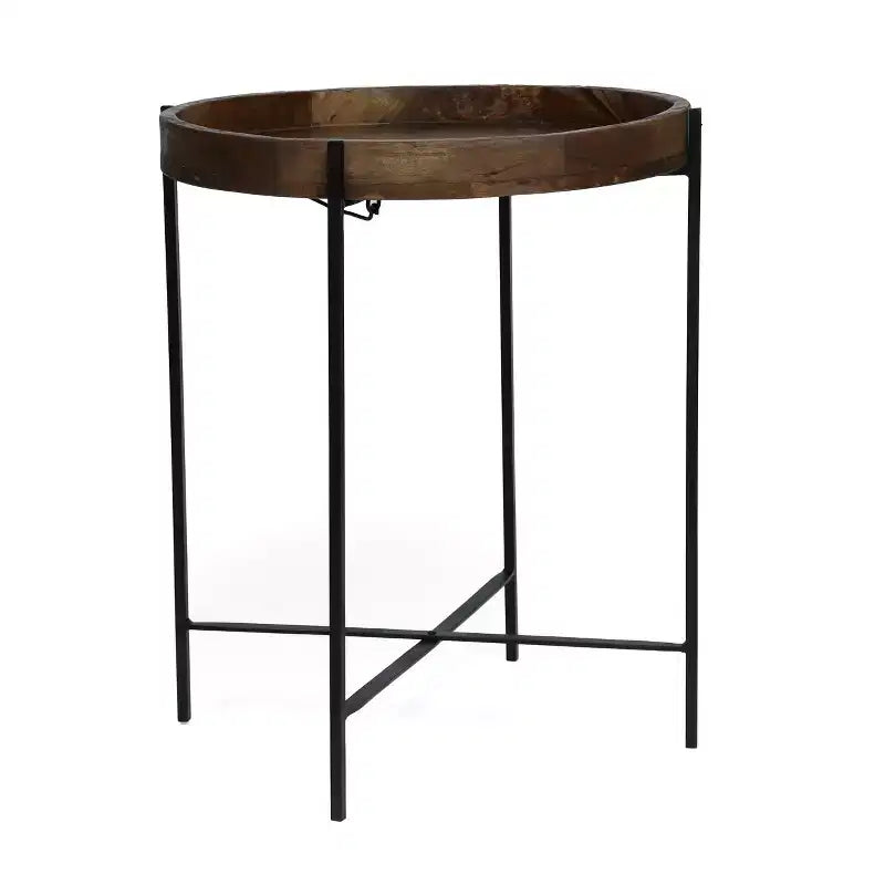 Okak Minimalism Table d'appoint ronde avec pieds renforcés en métal, Table d'appoint avec plateau en bois, Tables de service pour salon, balcon, Naturel