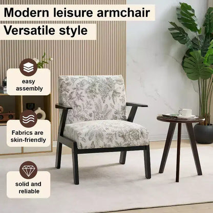 Fauteuil de salon moderne du milieu du siècle Homy Casa avec structure en bois massif, fauteuil d'appoint rembourré pour salon, chambre ou bureau, beige + gris