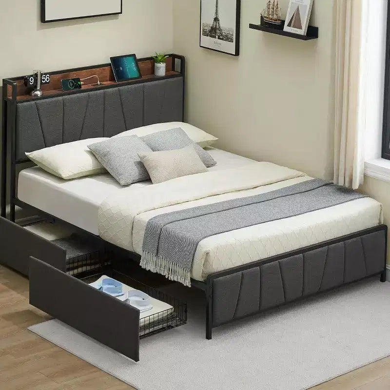 Platform Bed Frame with Headboard, USB Charging Station, 2 Storage Drawers and Under-Bed Storage, No Spring Mattress Required, Heavy-Duty Support