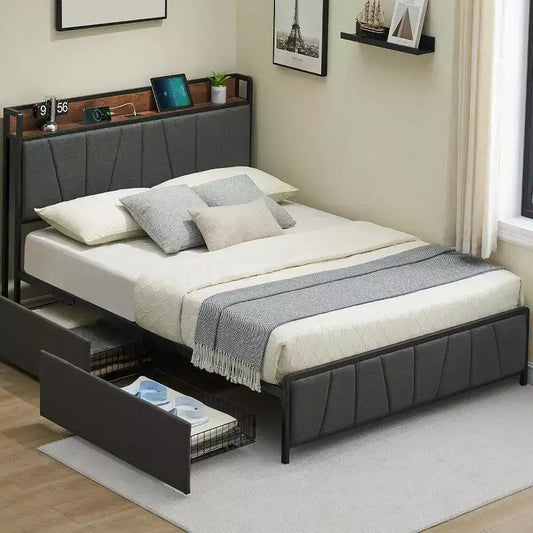 Platform Bed Frame with Headboard, USB Charging Station, 2 Storage Drawers and Under-Bed Storage, No Spring Mattress Required, Heavy-Duty Support