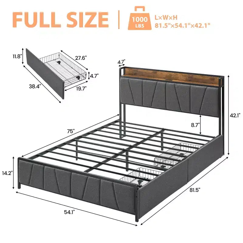 Cadre de lit plateforme avec tête de lit, station de recharge USB, 2 tiroirs de rangement et rangement sous le lit, pas besoin de sommier tapissier, support robuste