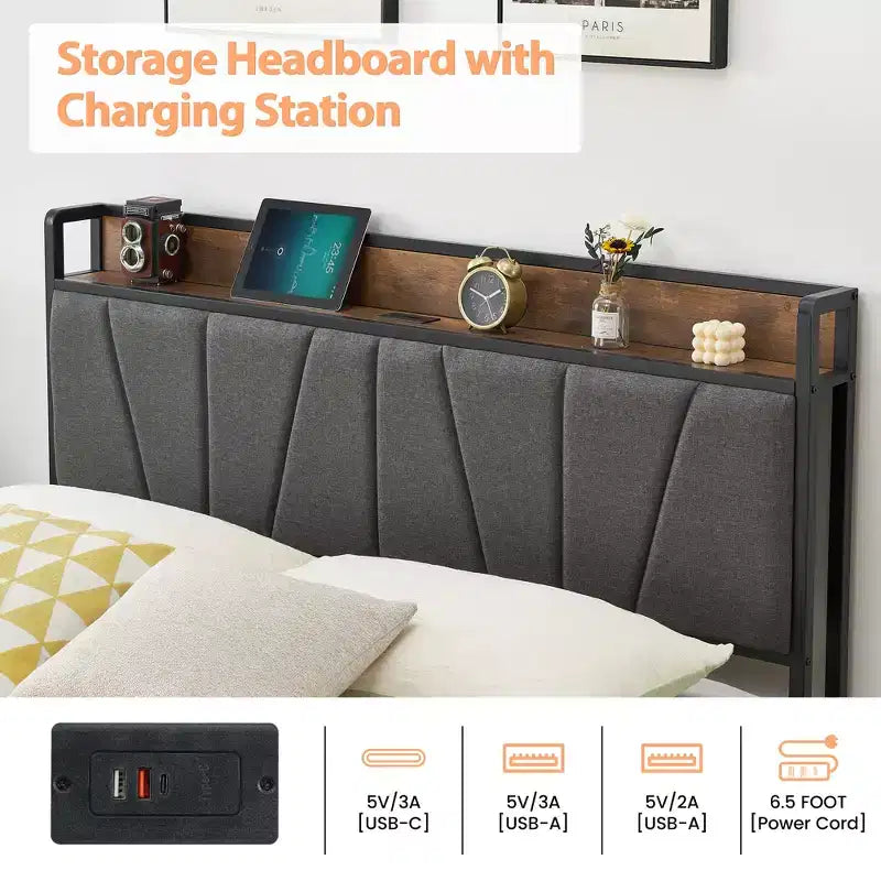 Cadre de lit plateforme avec tête de lit, station de recharge USB, 2 tiroirs de rangement et rangement sous le lit, pas besoin de sommier tapissier, support robuste