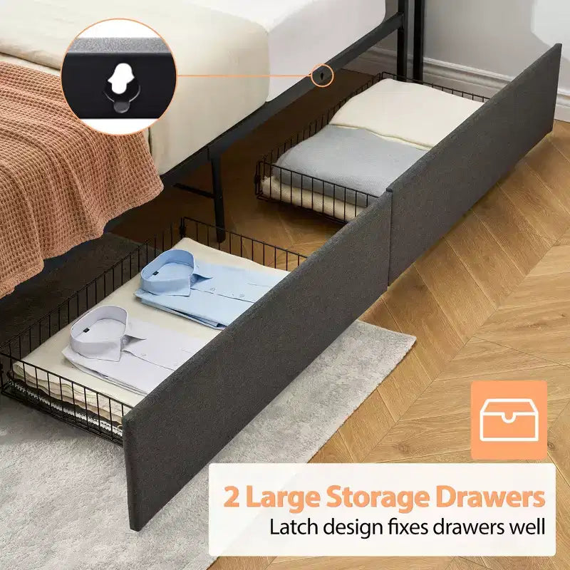 Cadre de lit plateforme avec tête de lit, station de recharge USB, 2 tiroirs de rangement et rangement sous le lit, pas besoin de sommier tapissier, support robuste