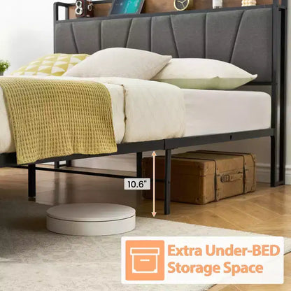 Cadre de lit plateforme avec tête de lit, station de recharge USB, 2 tiroirs de rangement et rangement sous le lit, pas besoin de sommier tapissier, support robuste