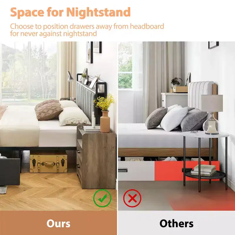Cadre de lit plateforme avec tête de lit, station de recharge USB, 2 tiroirs de rangement et rangement sous le lit, pas besoin de sommier tapissier, support robuste
