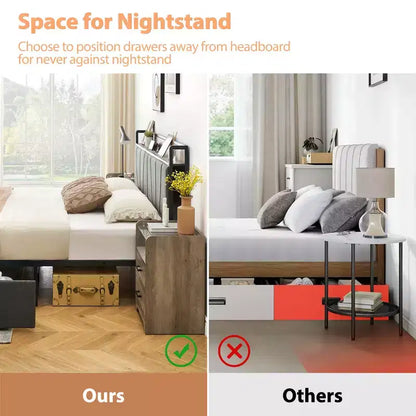 Cadre de lit plateforme avec tête de lit, station de recharge USB, 2 tiroirs de rangement et rangement sous le lit, pas besoin de sommier tapissier, support robuste