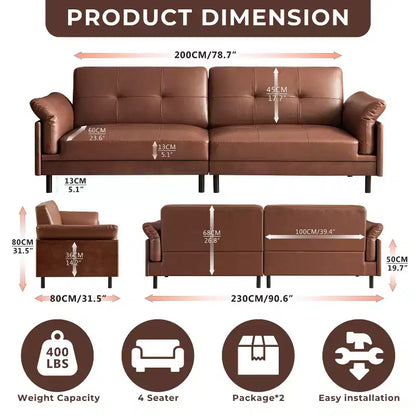 Canapé Chesterfield 228 cm en cuir marron de style Mid-Century avec extérieur en bois massif et capitonnage fait main, canapé d'angle rétro en cuir 4 places pour salon