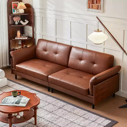 Canapé Chesterfield 228 cm en cuir marron de style Mid-Century avec extérieur en bois massif et capitonnage fait main, canapé d'angle rétro en cuir 4 places pour salon