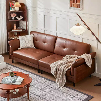 Canapé Chesterfield 228 cm en cuir marron de style Mid-Century avec extérieur en bois massif et capitonnage fait main, canapé d'angle rétro en cuir 4 places pour salon