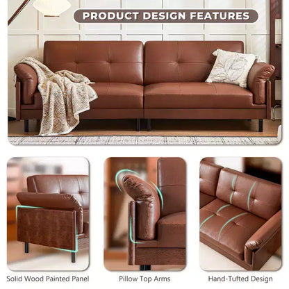 Canapé Chesterfield 228 cm en cuir marron de style Mid-Century avec extérieur en bois massif et capitonnage fait main, canapé d'angle rétro en cuir 4 places pour salon