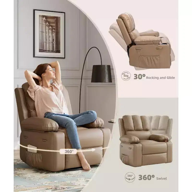 Fauteuil inclinable électrique 22/27 avec fonction chauffante et massante. Pivote à 360°, bascule, dispose d'un porte-gobelet et d'un revêtement en similicuir, idéal pour le salon, la chambre ou la chambre de bébé.