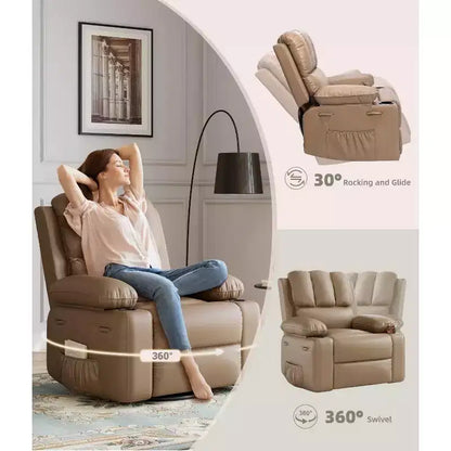 Fauteuil inclinable électrique 22/27 avec fonction chauffante et massante. Pivote à 360°, bascule, dispose d'un porte-gobelet et d'un revêtement en similicuir, idéal pour le salon, la chambre ou la chambre de bébé.