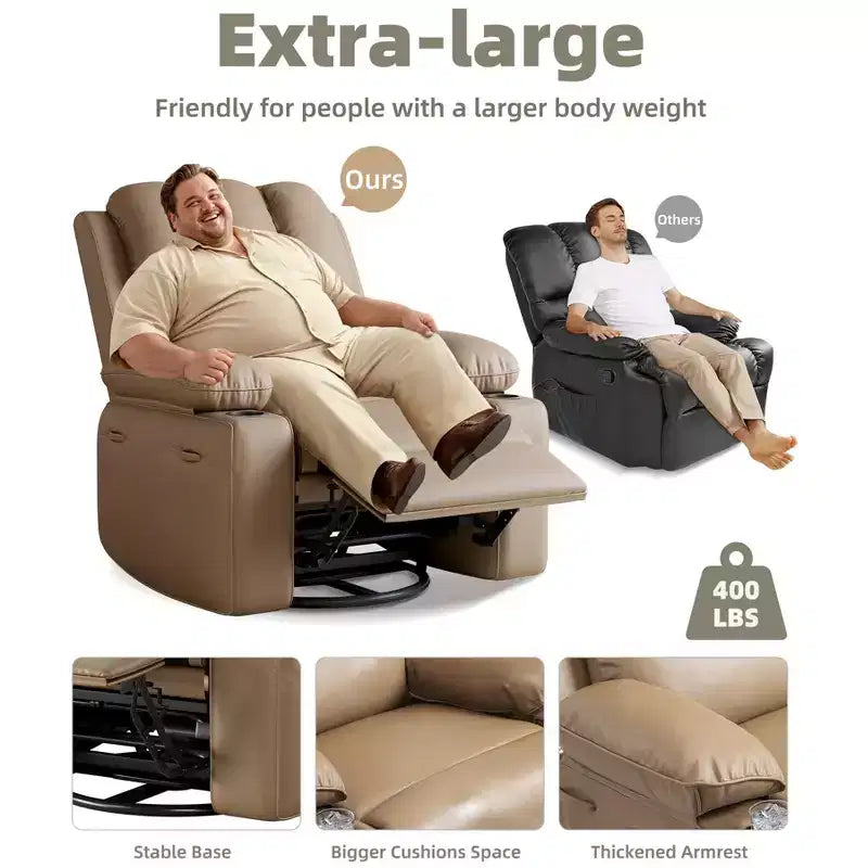 Fauteuil inclinable électrique 22/27 avec fonction chauffante et massante. Pivote à 360°, bascule, dispose d'un porte-gobelet et d'un revêtement en similicuir, idéal pour le salon, la chambre ou la chambre de bébé.