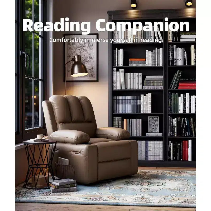 Fauteuil inclinable électrique 22/27 avec fonction chauffante et massante. Pivote à 360°, bascule, dispose d'un porte-gobelet et d'un revêtement en similicuir, idéal pour le salon, la chambre ou la chambre de bébé.