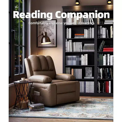 Fauteuil inclinable électrique 22/27 avec fonction chauffante et massante. Pivote à 360°, bascule, dispose d'un porte-gobelet et d'un revêtement en similicuir, idéal pour le salon, la chambre ou la chambre de bébé.
