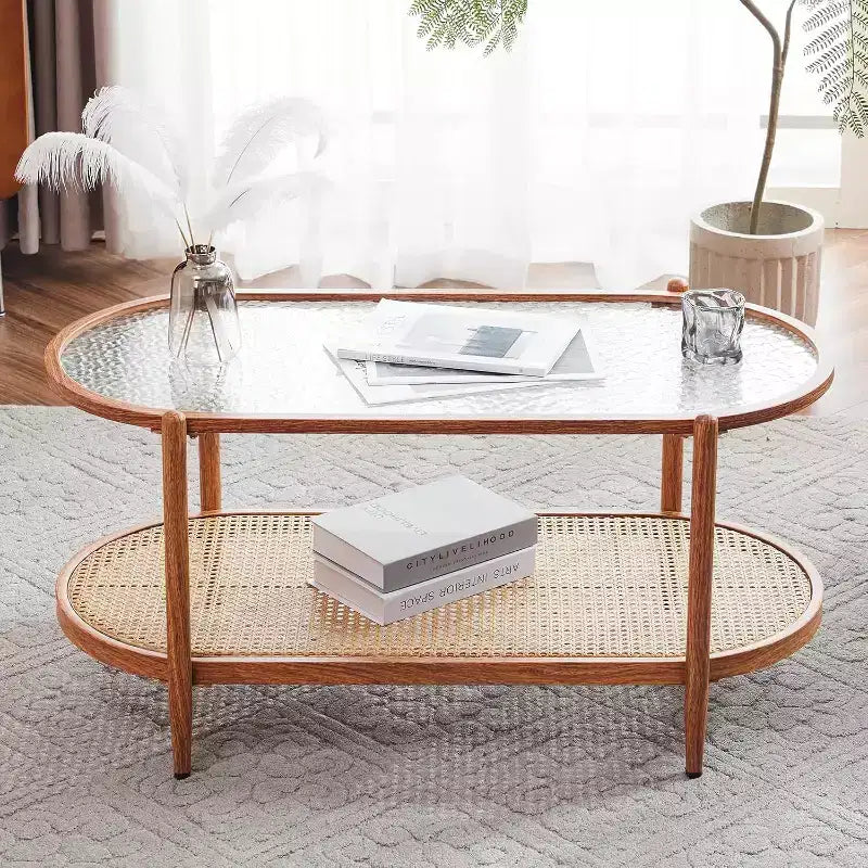 VINGLI 38 Rattan Oval Coffee Table, Water-Wave Glass Metal Center Table with 2-Tier Storage, for Living Room, Natural Vibe