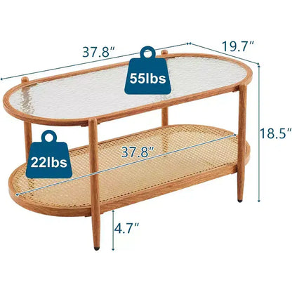 VINGLI Table Basse Ovale 38 en Rotin, Table Centrale en Métal avec Plateau en Verre Ondulé et 2 Niveaux de Rangement, pour Salon, Ambiance Naturelle
