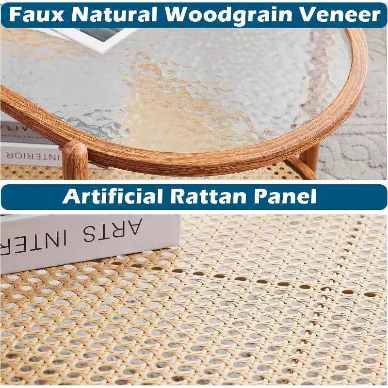 VINGLI Table Basse Ovale 38 en Rotin, Table Centrale en Métal avec Plateau en Verre Ondulé et 2 Niveaux de Rangement, pour Salon, Ambiance Naturelle