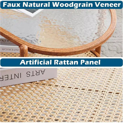 VINGLI Table Basse Ovale 38 en Rotin, Table Centrale en Métal avec Plateau en Verre Ondulé et 2 Niveaux de Rangement, pour Salon, Ambiance Naturelle