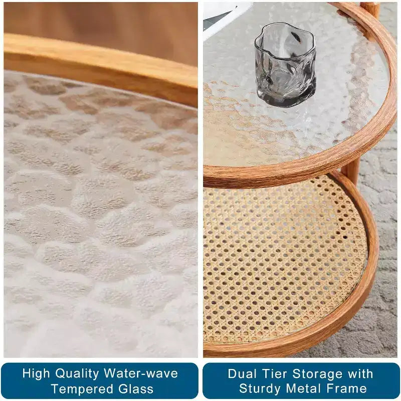 VINGLI Table Basse Ovale 38 en Rotin, Table Centrale en Métal avec Plateau en Verre Ondulé et 2 Niveaux de Rangement, pour Salon, Ambiance Naturelle