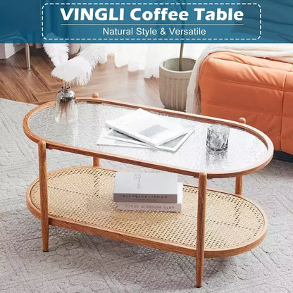 VINGLI Table Basse Ovale 38 en Rotin, Table Centrale en Métal avec Plateau en Verre Ondulé et 2 Niveaux de Rangement, pour Salon, Ambiance Naturelle