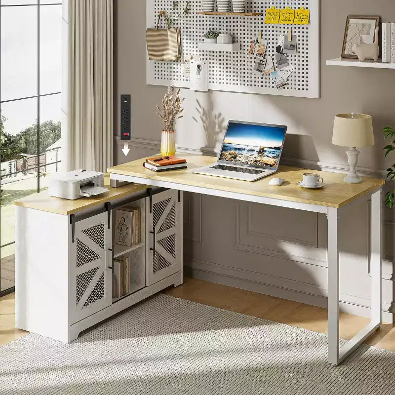 KOLIGEY Rustic Corner Desk with Storage, L Shaped Farmhouse Office Desk with Sufficient Storage Capacity