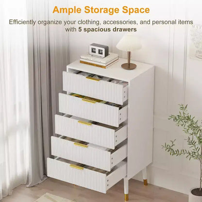 Commode à 5 tiroirs cannelés CuisinSmart, commode moderne en bois avec poignées dorées, armoire de rangement haute pour chambre à coucher, salon, entrée