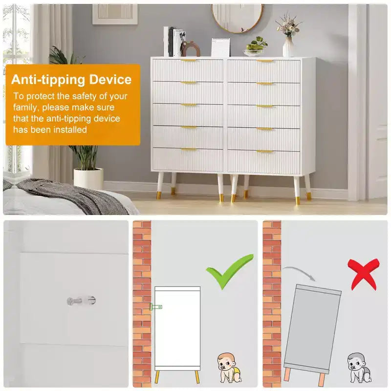 Commode à 5 tiroirs cannelés CuisinSmart, commode moderne en bois avec poignées dorées, armoire de rangement haute pour chambre à coucher, salon, entrée