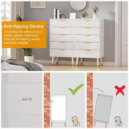 Commode à 5 tiroirs cannelés CuisinSmart, commode moderne en bois avec poignées dorées, armoire de rangement haute pour chambre à coucher, salon, entrée