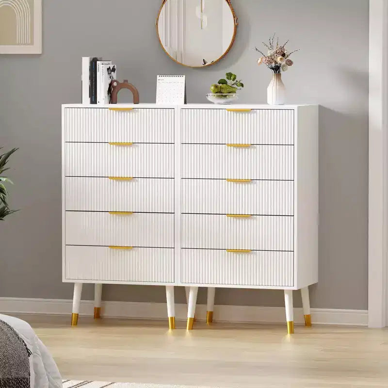 Commode à 5 tiroirs cannelés CuisinSmart, commode moderne en bois avec poignées dorées, armoire de rangement haute pour chambre à coucher, salon, entrée