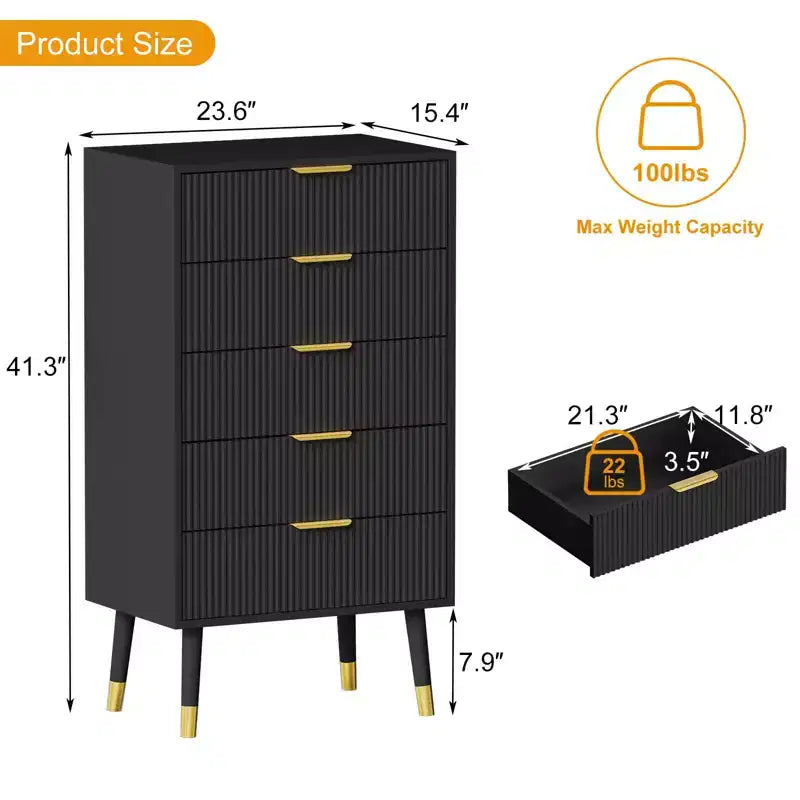 Commode à 5 tiroirs cannelés CuisinSmart, commode moderne en bois avec poignées dorées, armoire de rangement haute pour chambre à coucher, salon, entrée