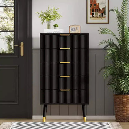 Commode à 5 tiroirs cannelés CuisinSmart, commode moderne en bois avec poignées dorées, armoire de rangement haute pour chambre à coucher, salon, entrée