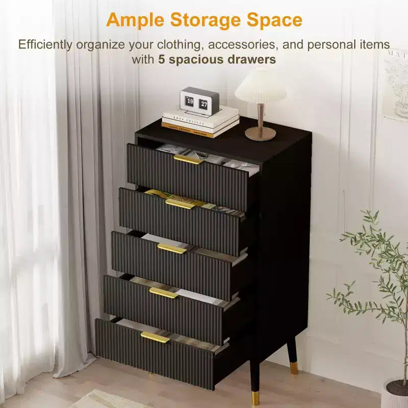 Commode à 5 tiroirs cannelés CuisinSmart, commode moderne en bois avec poignées dorées, armoire de rangement haute pour chambre à coucher, salon, entrée