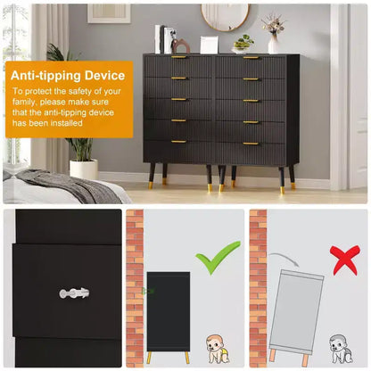 Commode à 5 tiroirs cannelés CuisinSmart, commode moderne en bois avec poignées dorées, armoire de rangement haute pour chambre à coucher, salon, entrée
