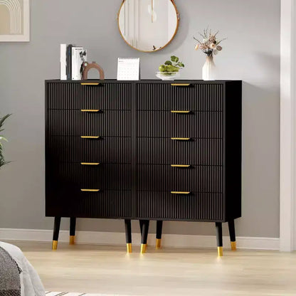 Commode à 5 tiroirs cannelés CuisinSmart, commode moderne en bois avec poignées dorées, armoire de rangement haute pour chambre à coucher, salon, entrée