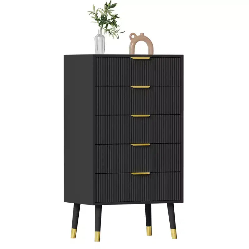 Commode à 5 tiroirs cannelés CuisinSmart, commode moderne en bois avec poignées dorées, armoire de rangement haute pour chambre à coucher, salon, entrée