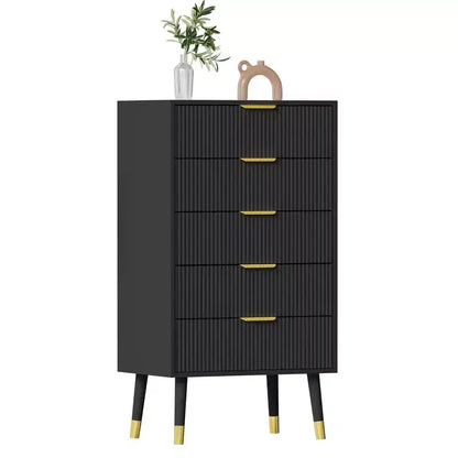 Commode à 5 tiroirs cannelés CuisinSmart, commode moderne en bois avec poignées dorées, armoire de rangement haute pour chambre à coucher, salon, entrée