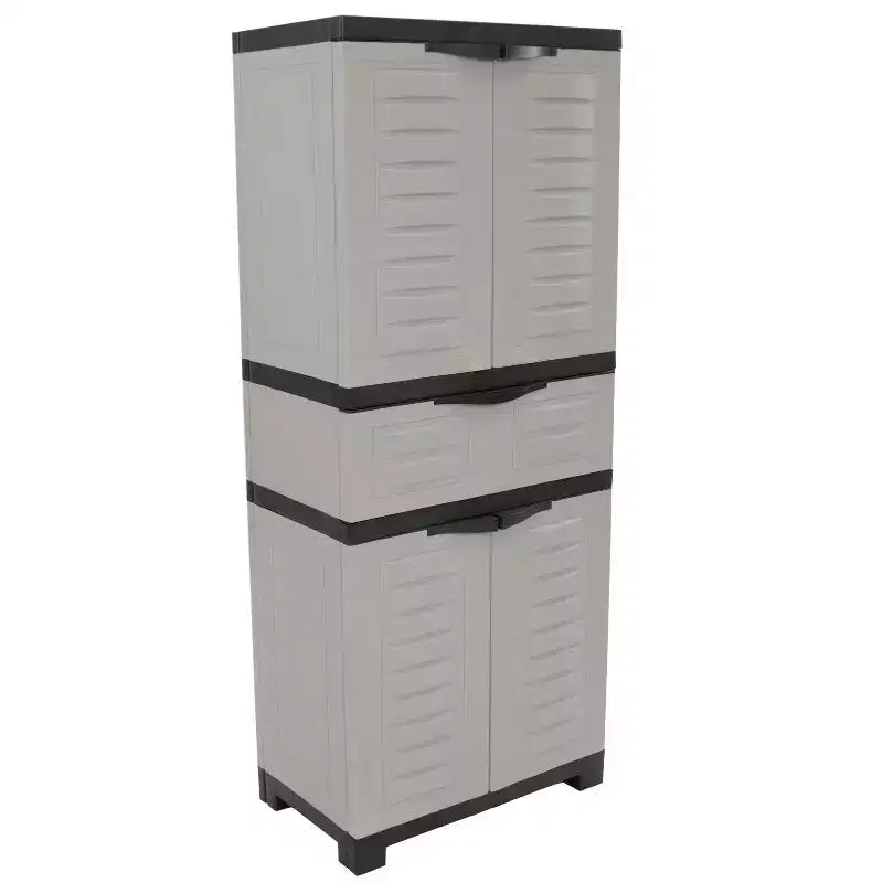 HomeRoots 23 Black and Gray Plastic Accent Cabinet With Four Doors And One Drawer