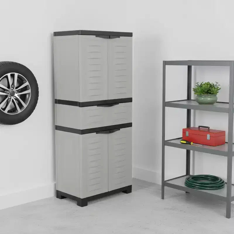 HomeRoots 23 Meuble d'appoint noir et gris en plastique avec quatre portes et un tiroir