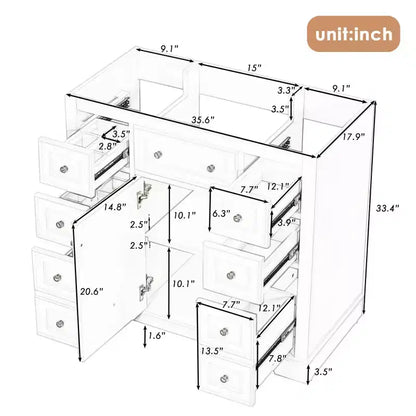Meuble de salle de bain, meuble sous vasque de 91 cm avec 6 tiroirs, étagère réglable, meuble sous vasque sur pied