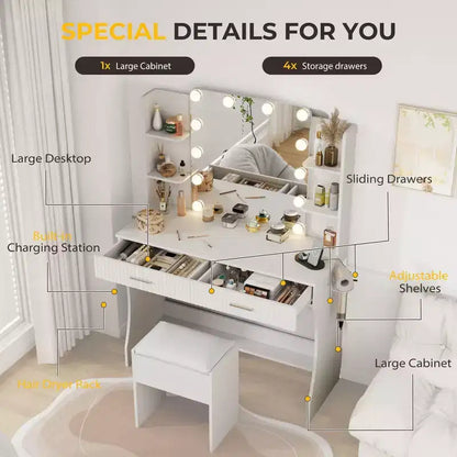 Coiffeuse avec miroir LED éclairé, grande coiffeuse de 100 cm avec 3 lumières réglables