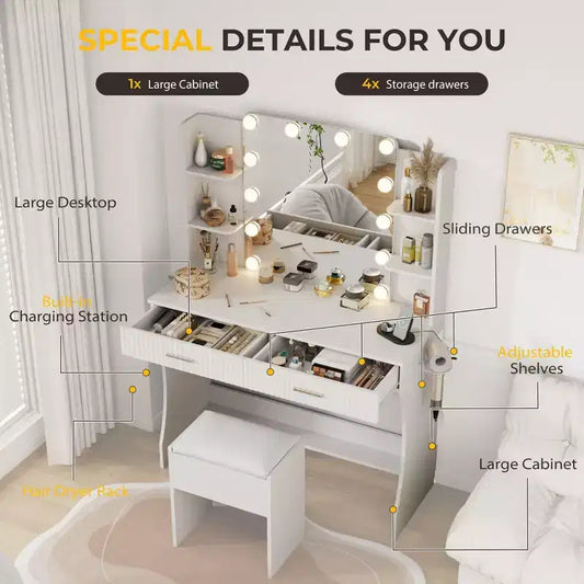 Coiffeuse avec miroir LED éclairé, grande coiffeuse de 100 cm avec 3 lumières réglables