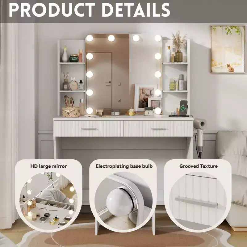 Coiffeuse avec miroir LED éclairé, grande coiffeuse de 100 cm avec 3 lumières réglables
