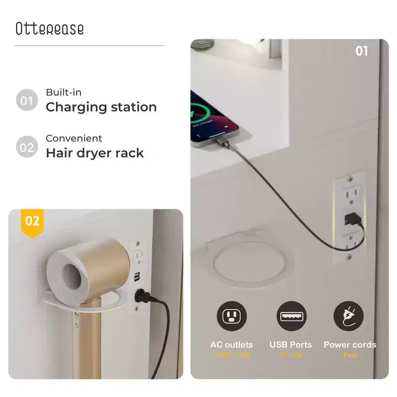 Coiffeuse avec miroir LED éclairé, grande coiffeuse de 100 cm avec 3 lumières réglables