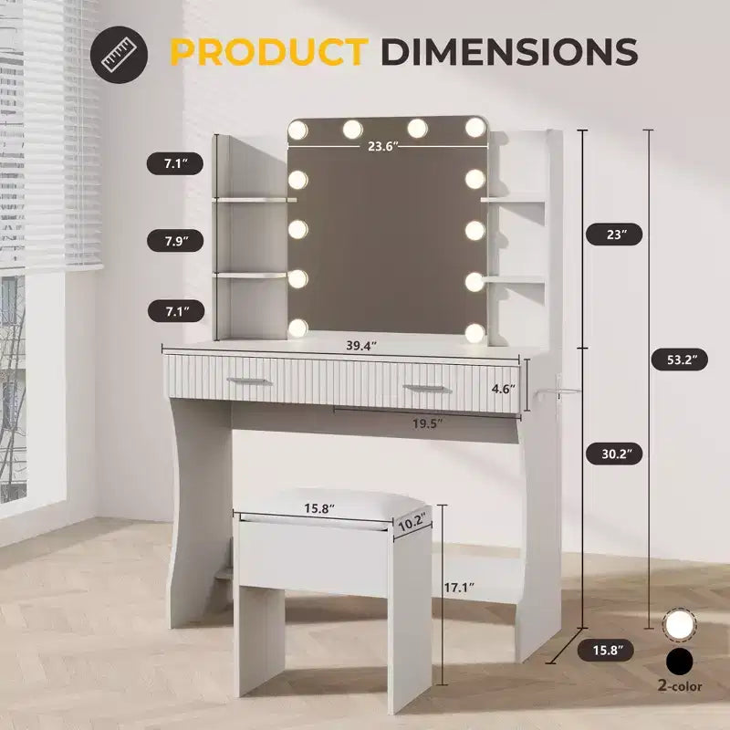 Coiffeuse avec miroir LED éclairé, grande coiffeuse de 100 cm avec 3 lumières réglables