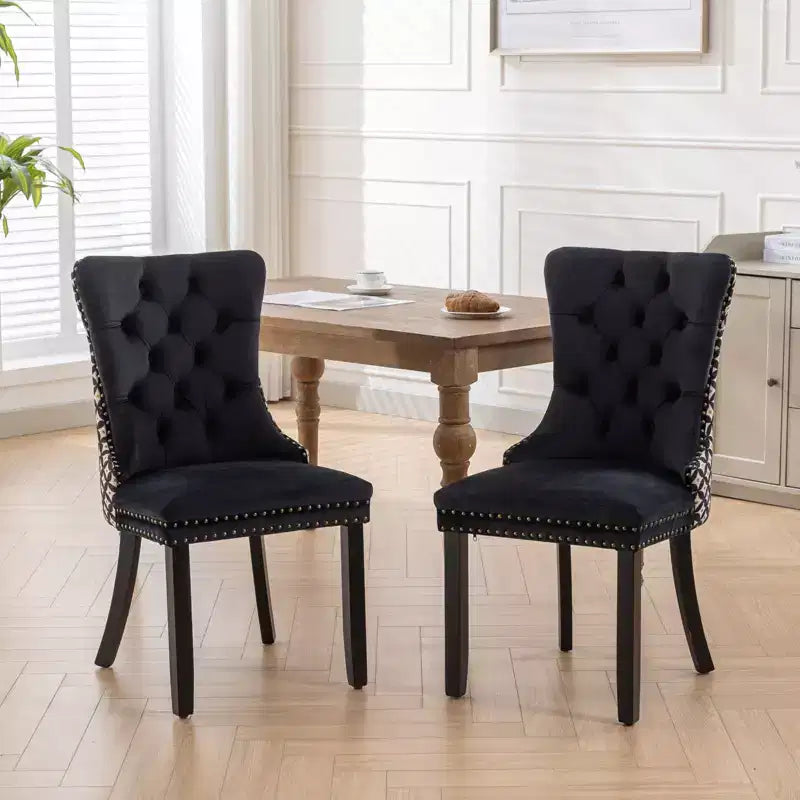 Upholstered Dining Chair with Ring Pull Trim, Button Back,hard Wood Legs,Pattern Modern Chair