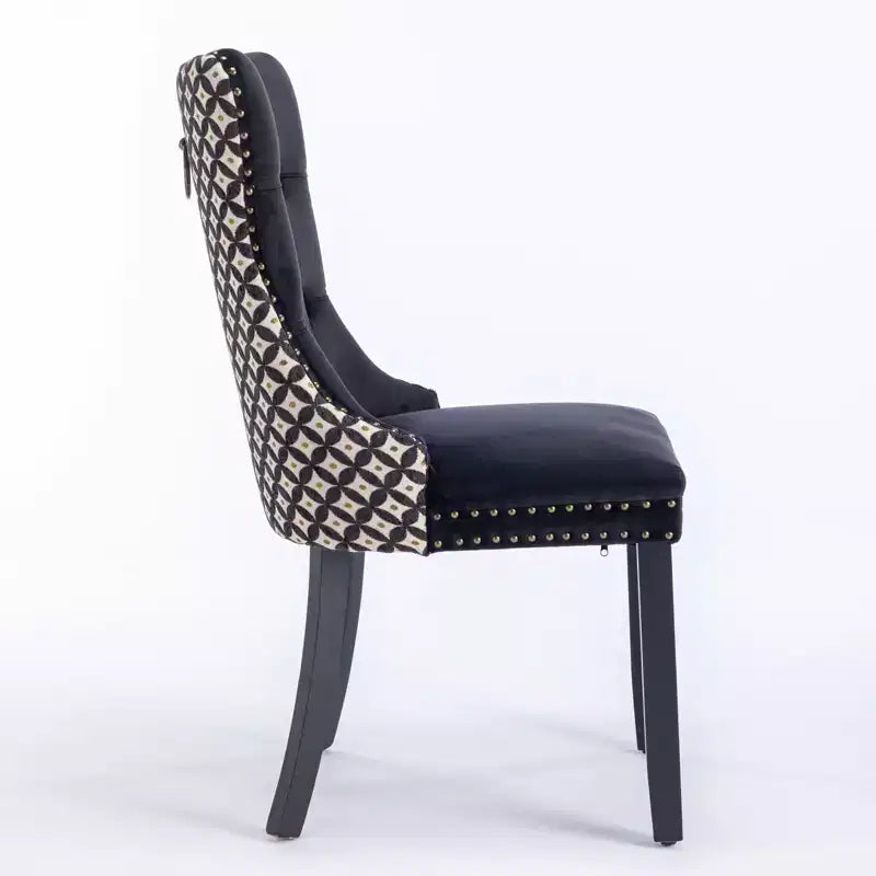 Chaise de salle à manger tapissée avec anneau de traction décoratif, dossier capitonné, pieds en bois dur, chaise moderne à motifs.