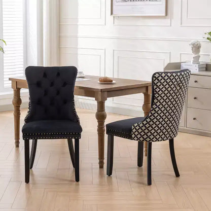 Chaise de salle à manger tapissée avec anneau de traction décoratif, dossier capitonné, pieds en bois dur, chaise moderne à motifs.