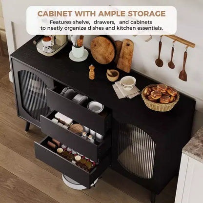 Bahut avec portes coulissantes et tiroirs en verre cannelé, pour cuisine, salle à manger, salon