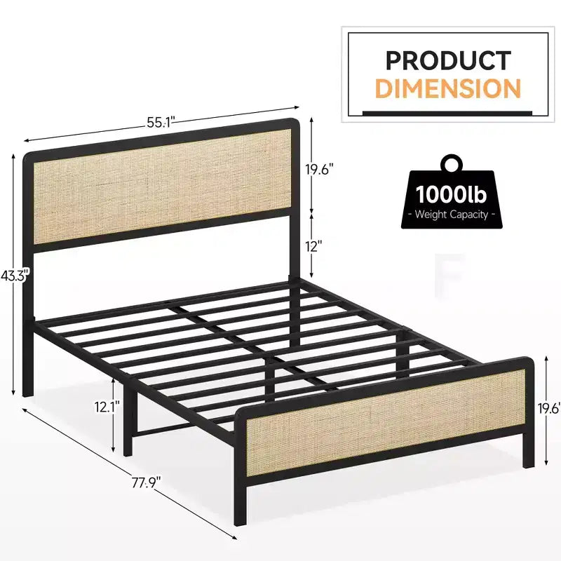 Cadre de lit plateforme avec tête et pied de lit en rotin, style bohème, lattes métalliques robustes, sommier tapissier non requis, capacité de 450 kg